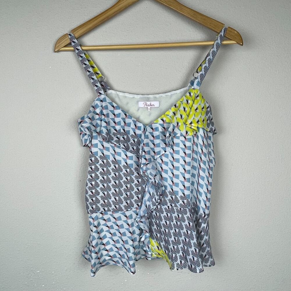 Parker Ruffle Peplum Top XS – Mixed Geometric Print, Adjustable Straps, Lined‎
